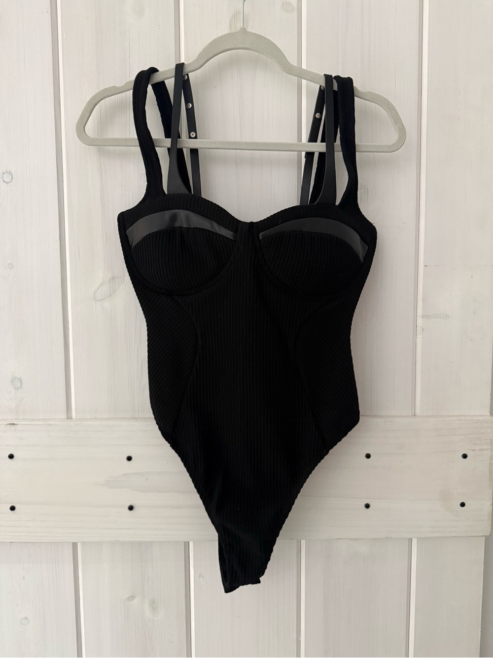 Maniere De Voir- Black Strappy Sculpting One-Piece Bodysuit - Picture 2 of 5